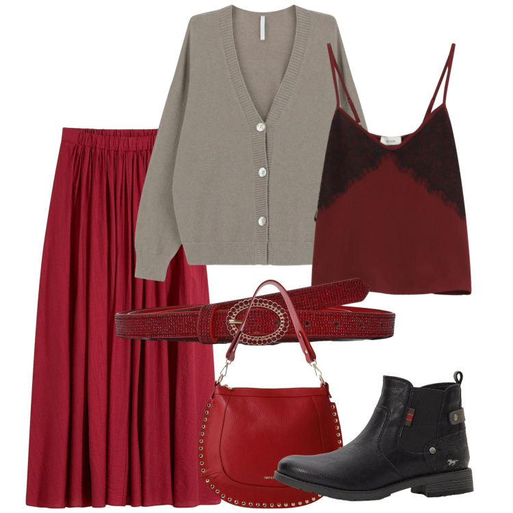 Outfit donna - Red. Stile Bon Ton per Tutti i giorni. Abbinamento con gonne lunghe, stivaletti chelsea, cinture, borse a spalla, cardigans, top.
