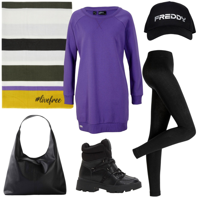 Outfit donna - Tempo libero. Stile Sporty chic per Tutti i giorni. Abbinamento con vestiti, leggings, shopping bag, stivaletti, cappelli, sciarpe.