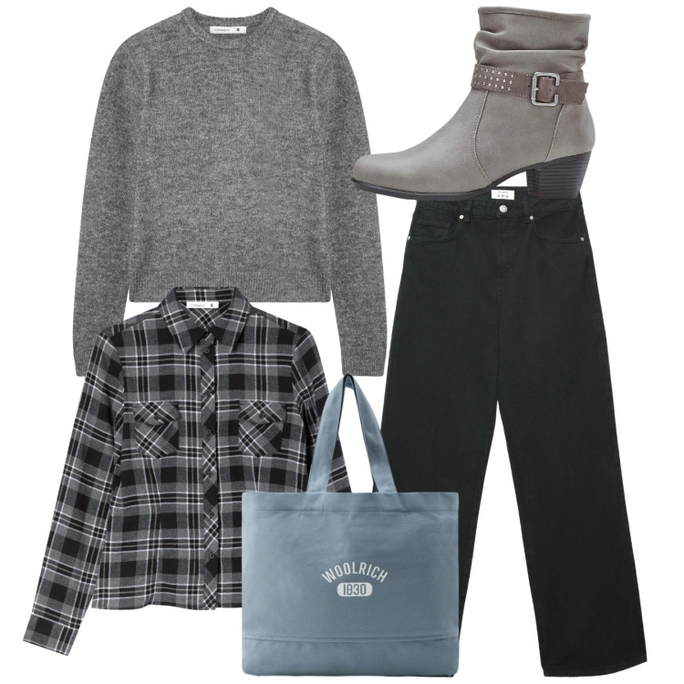 Outfit donna - Total look. Stile Basic per Tutti i giorni. Abbinamento con stivaletti, jeans, camicie, maglieria, borse tote.