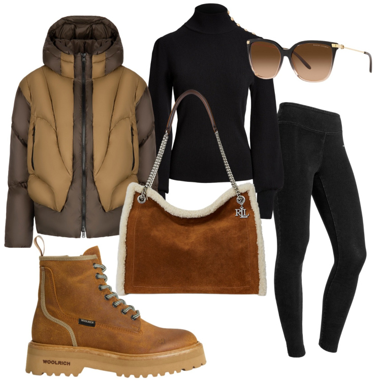 Outfit donna - Trendy in città. Stile Trendy per Tutti i giorni. Abbinamento con jeggings, occhiali da sole, maglieria, borse tote, piumini, anfibi.