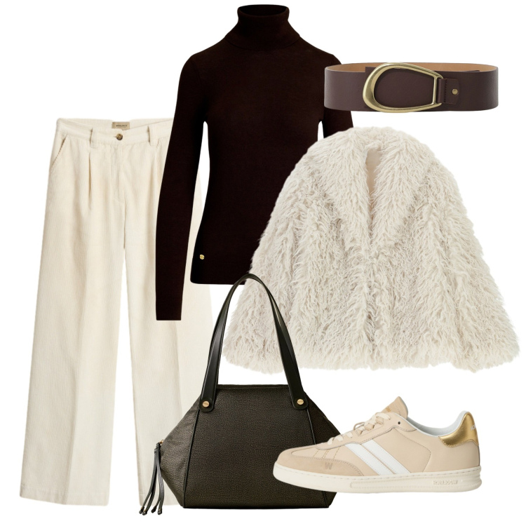 Outfit donna - Novembre. Stile Bon Ton per Tutti i giorni. Abbinamento con ecopellicce, shopping bag, cinture, maglieria, sneakers, pantaloni.
