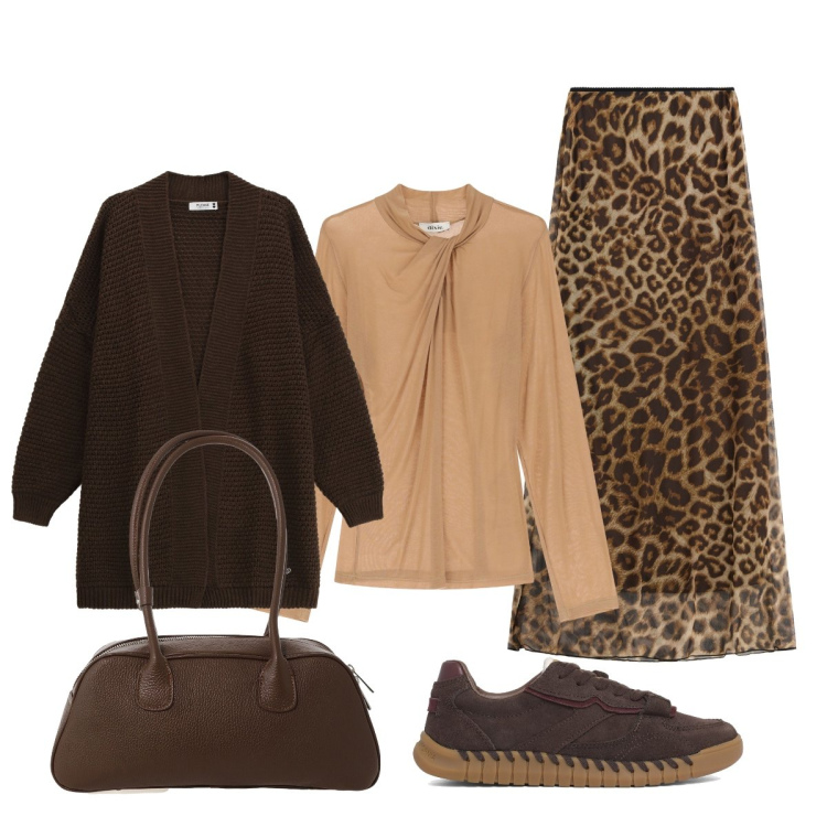 Outfit donna - La gonna animalier. Stile Glamour per Tutti i giorni. Abbinamento con cardigans, gonne lunghe, top, borse a mano, sneakers.