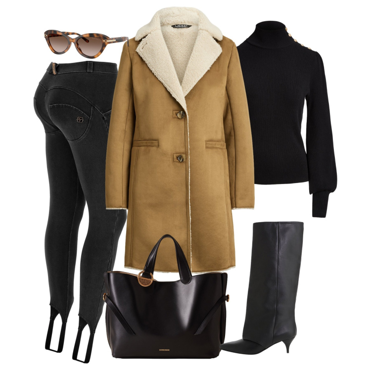 Outfit donna - Casual Chic. Stile Casual chic per Tutti i giorni. Abbinamento con shopping bag, jeggings, stivali, cappotti, maglieria, occhiali da sole.