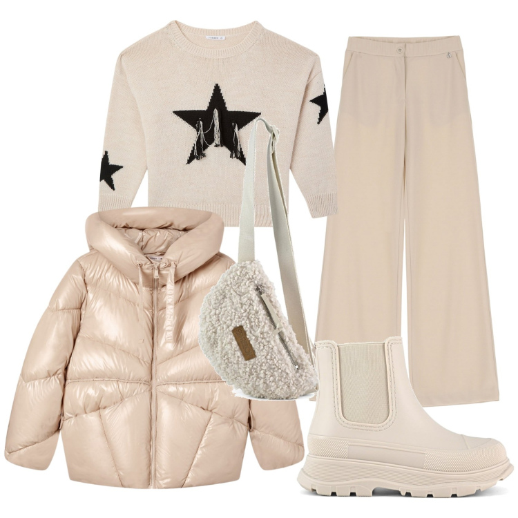 Outfit donna - Tono su tono. Stile Casual per Tutti i giorni. Abbinamento con giacche, maglieria, pantaloni, stivali, marsupi.