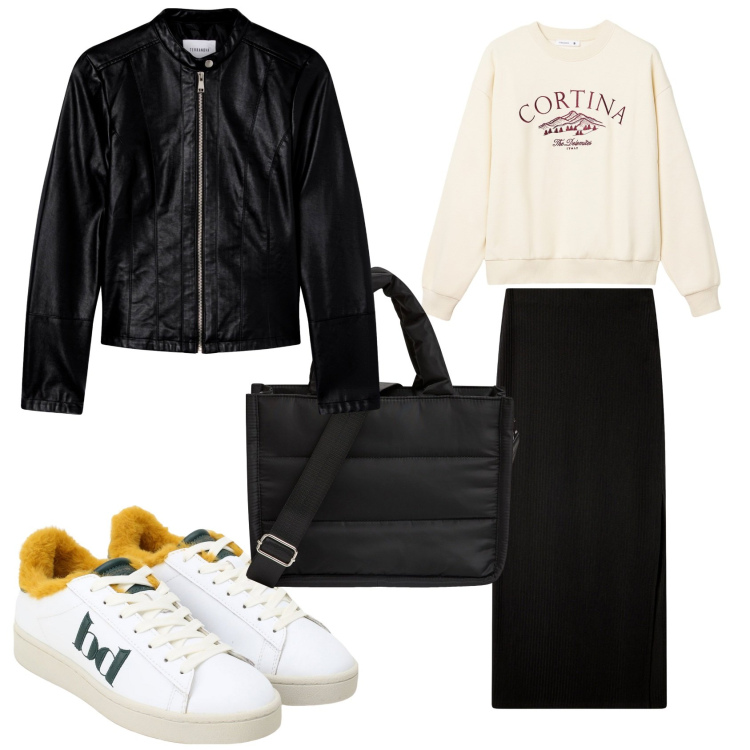Outfit donna - Una passeggiata mattutina. Stile Casual per Tutti i giorni. Abbinamento con giacche, gonne lunghe, shopping bag, felpe, sneakers.