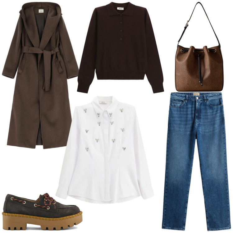 Outfit donna - Marrone cioccolato e jeans. Stile Casual chic per Tutti i giorni. Abbinamento con borse a secchiello, camicie, cappotti, pullovers, jeans, mocassini.