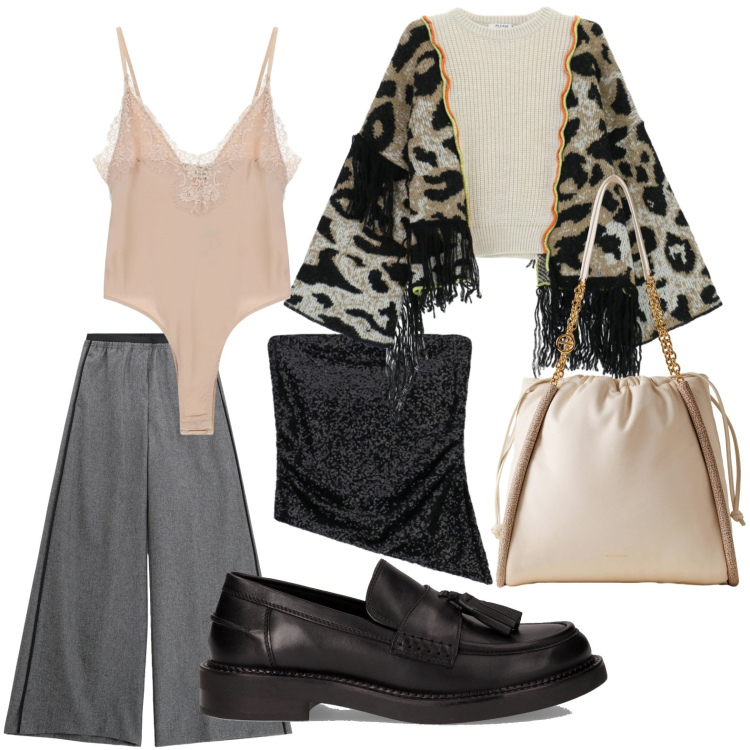 Outfit donna - Glamour per novembre. Stile Glamour per Ufficio. Abbinamento con cardigans, pantaloni, top, shopping bag, body, mocassini.