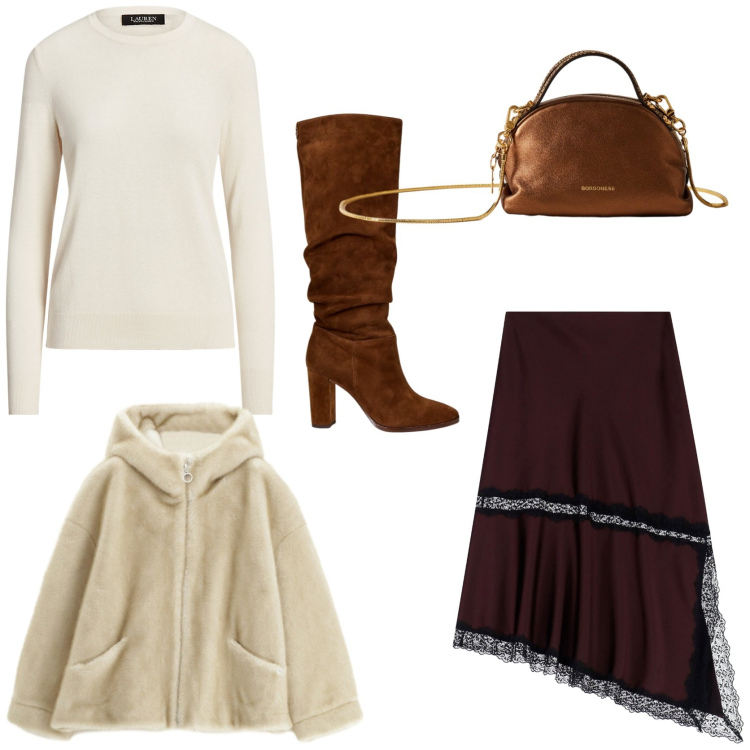 Outfit donna - La gonna estrosa per le serate di festa. Stile Glamour per Serata fuori. Abbinamento con blazer, gonne lunghe, borse a mano, stivali, maglieria.