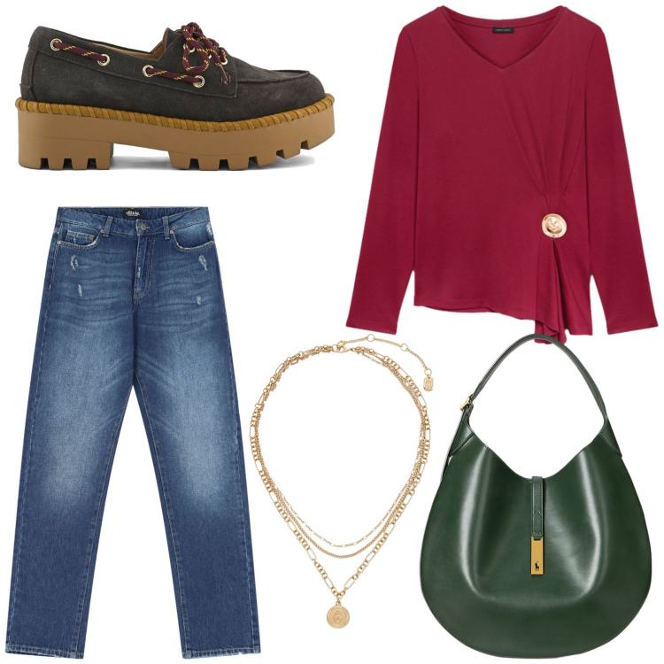 Outfit donna - Per tutti i giorni. Stile Casual per Tutti i giorni. Abbinamento con jeans dritti, borse a spalla, ciondoli, mocassini, t-shirt.