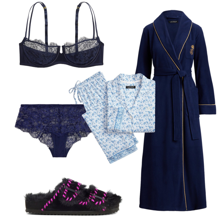 Outfit donna - Serata relax. Stile Chic per Tutti i giorni. Abbinamento con vestaglie, pigiama, reggiseni a balconcino, culotte, ciabatte.