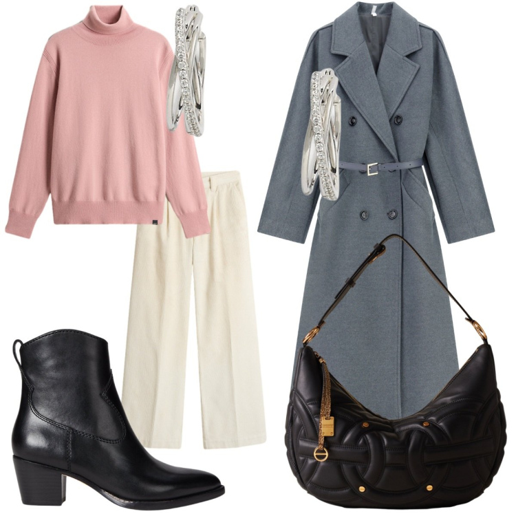 Outfit donna - Cozy & Chic. Stile Casual chic per Scuola/Università. Abbinamento con cappotti, borse a spalla, stivaletti, orecchini, pantaloni, maglieria.