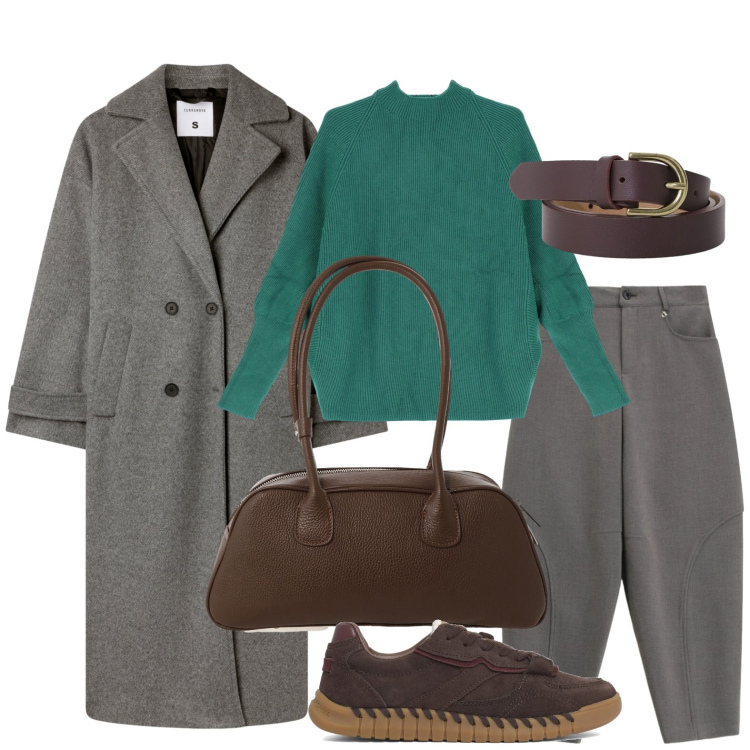 Outfit donna - Il cappotto per la città. Stile Minimal per Tutti i giorni. Abbinamento con cappotti, pantaloni a palazzo, cinture, maglieria, borse a mano, sneakers.