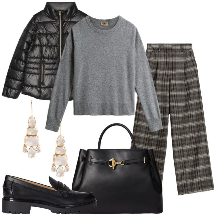 Outfit donna - Pantalone a quadri e esco. Stile Casual per Tutti i giorni. Abbinamento con pantaloni a palazzo, mocassini, orecchini, borse a mano, maglieria, piumini.