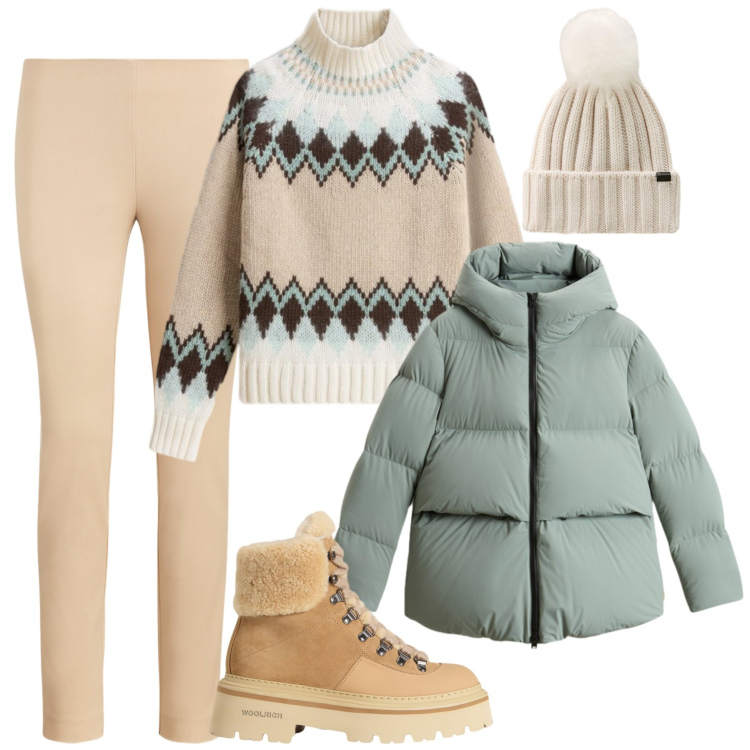Outfit donna - Ispirazione inverno in montagna. Stile Casual chic per Tutti i giorni. Abbinamento con pantaloni skinny, maglieria, piumini, berretti, stivaletti.
