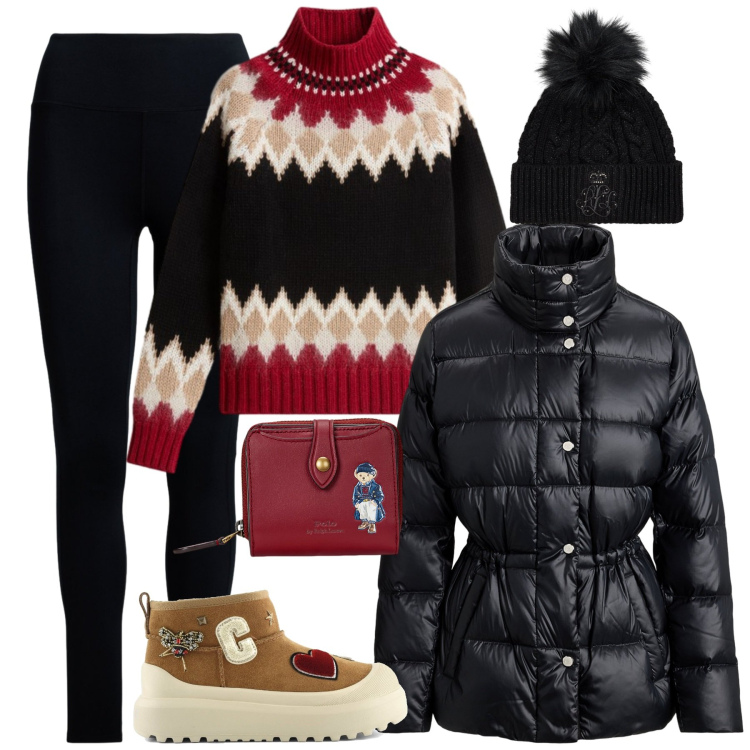 Outfit donna - Ispirazione inverno in montagna. Stile Casual chic per Tutti i giorni. Abbinamento con piumini, leggings, portafogli, berretti, maglieria, stivali.