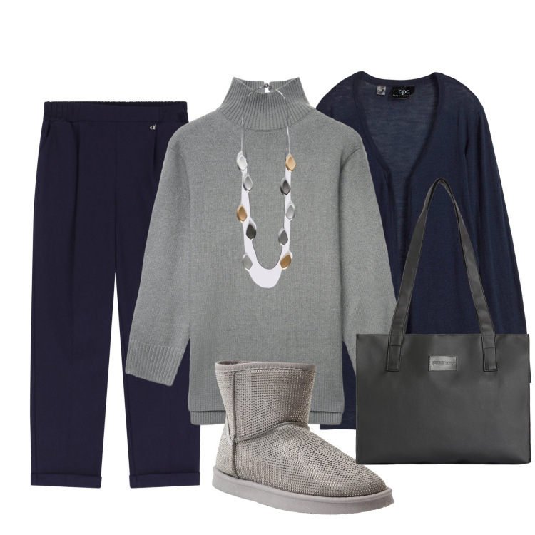 Outfit donna - Outfit Cozy chic. Stile Casual per Cerimonia. Abbinamento con cardigans, maglieria, stivali, shopping bag, pantaloni, collane.