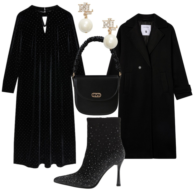 Outfit donna - L’abito in velluto nero che brilla. Stile Chic per Serata fuori. Abbinamento con cappotti, borse a mano, stivaletti, orecchini, vestiti midi/longuette.