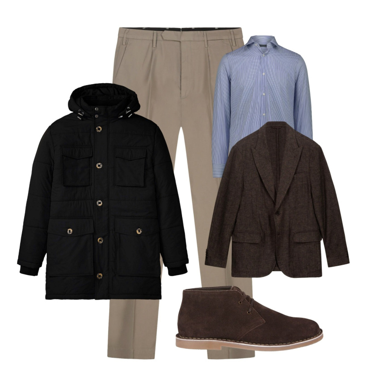 Outfit uomo - Smart casual. Stile Casual Abbinamento con parka, stivali e stivaletti, camicie, pantaloni, giacche.
