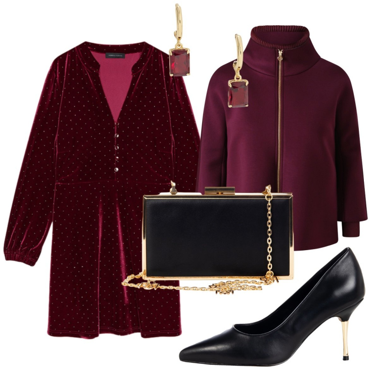Outfit donna - L’abito bordeaux in velluto. Stile Chic per Serata fuori. Abbinamento con décolleté, pochette, cappe, orecchini, vestiti corti.