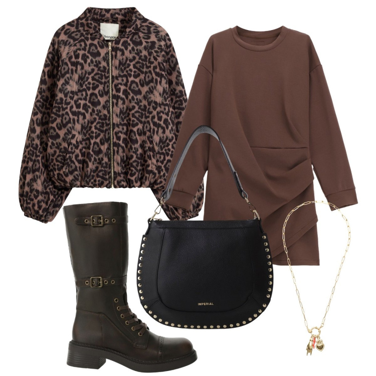 Outfit donna - Il bomber maculato. Stile Trendy per Serata fuori. Abbinamento con bomber, borse a spalla, stivali, ciondoli, vestiti corti.