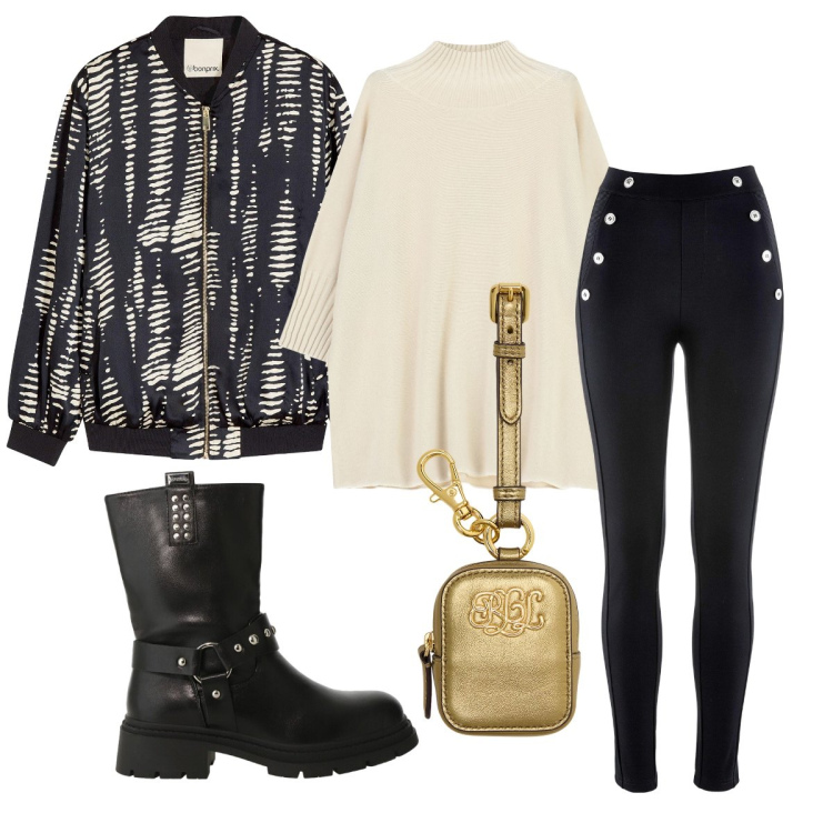 Outfit donna - Il bomber fantasia. Stile Rock per Tutti i giorni. Abbinamento con bomber, leggings, maglieria, stivali, pochette.