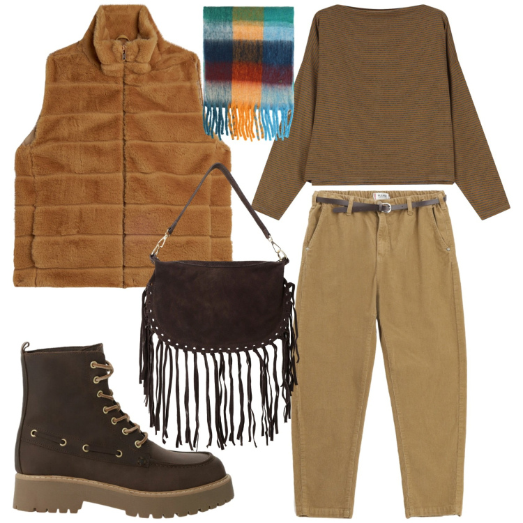 Outfit donna - Basic con classe. Stile Sporty chic per Tutti i giorni. Abbinamento con pantaloni chino, gilet, maglieria, borse a tracolla, stivaletti, sciarpe.