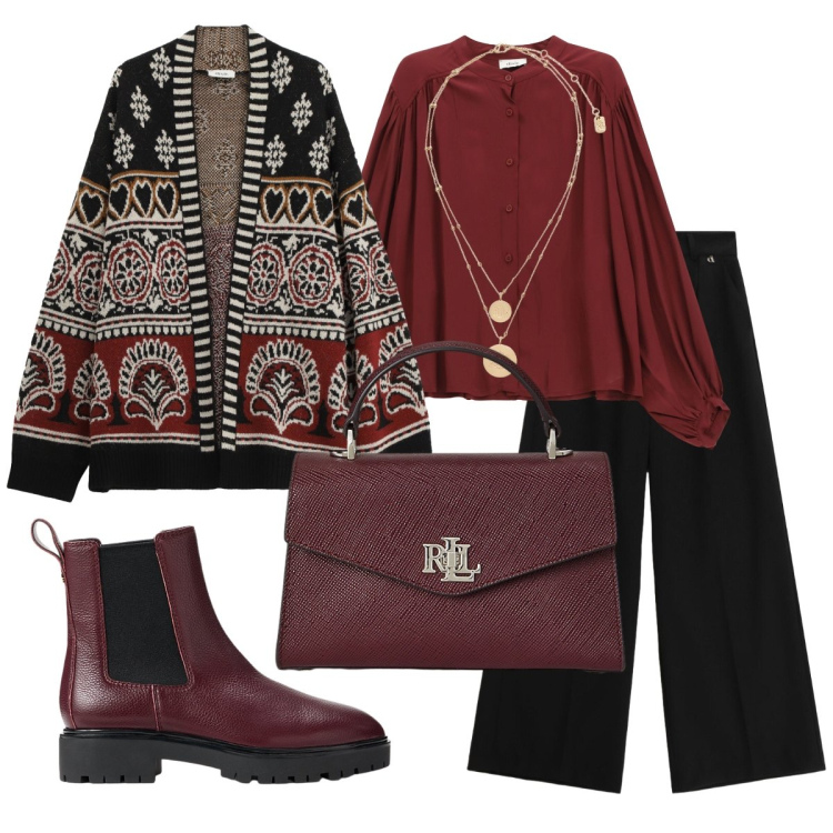 Outfit donna - Il cardigan particolare. Stile Casual chic per Ufficio. Abbinamento con camicie, pantaloni a palazzo, cardigans, ciondoli, borse a mano, stivaletti chelsea.