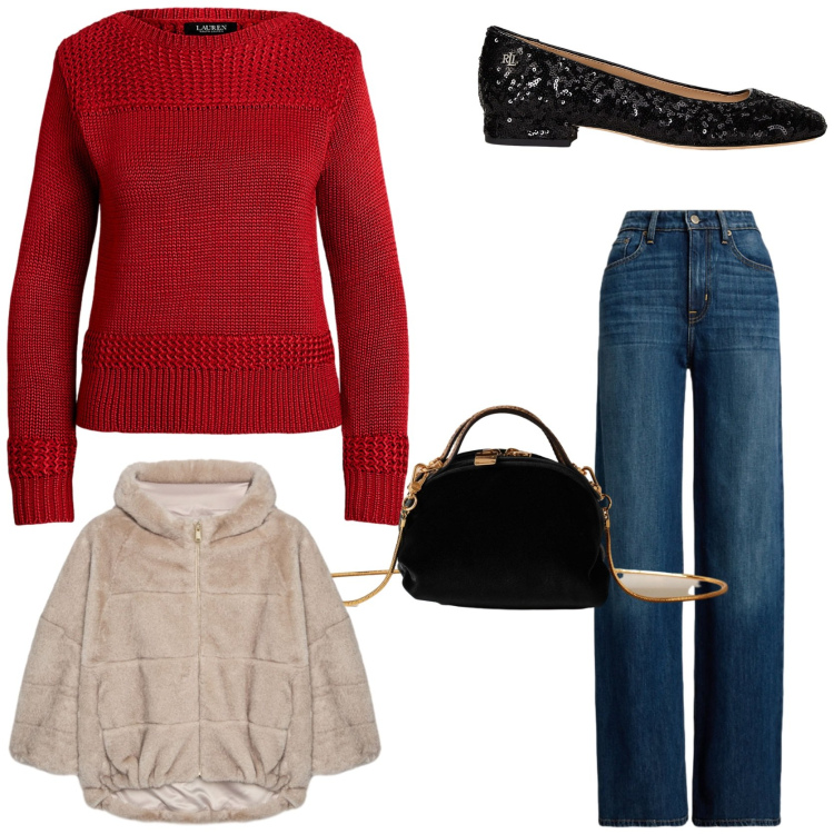 Outfit donna - Feste in arrivo. Stile Glamour per Serata fuori. Abbinamento con borse a mano, jeans, maglieria, ballerine, ecopellicce.