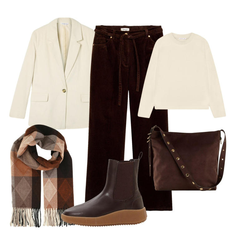 Outfit donna - Velluto morbidoso!. Stile Casual per Ufficio. Abbinamento con pantaloni, shopping bag, stivaletti chelsea, sciarpe, maglieria, blazer.