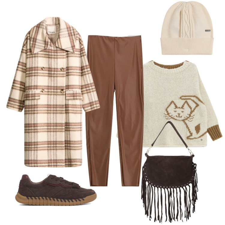 Outfit donna - In città. Stile Casual chic per Tutti i giorni. Abbinamento con cappotti, maglieria, borse a tracolla, pantaloni skinny, berretti, sneakers.