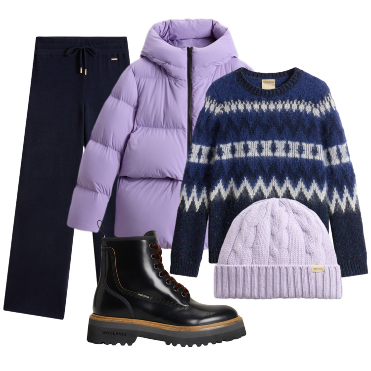 Outfit donna - Woolrich piumino morbido leggero e cozy. Stile Casual per Tutti i giorni. Abbinamento con anfibi, berretti, pantaloni, piumini, maglieria.