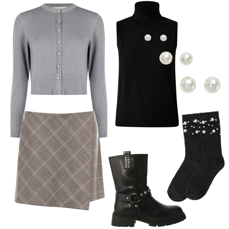 Outfit donna - Total look #2287359. Stile Preppy per Tutti i giorni. Abbinamento con gonne longuette, cardigans, maglieria, stivali, calzini, orecchini.