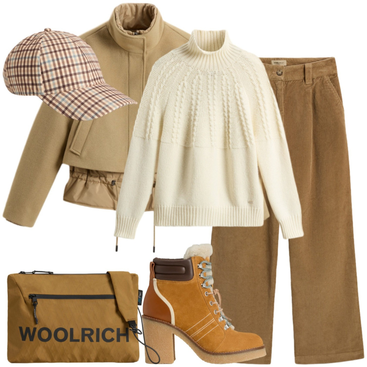 Outfit donna - COZY Woolrich. Stile Casual chic per Tutti i giorni. Abbinamento con blazer, borse a tracolla, stivaletti, maglieria, cappelli, pantaloni.