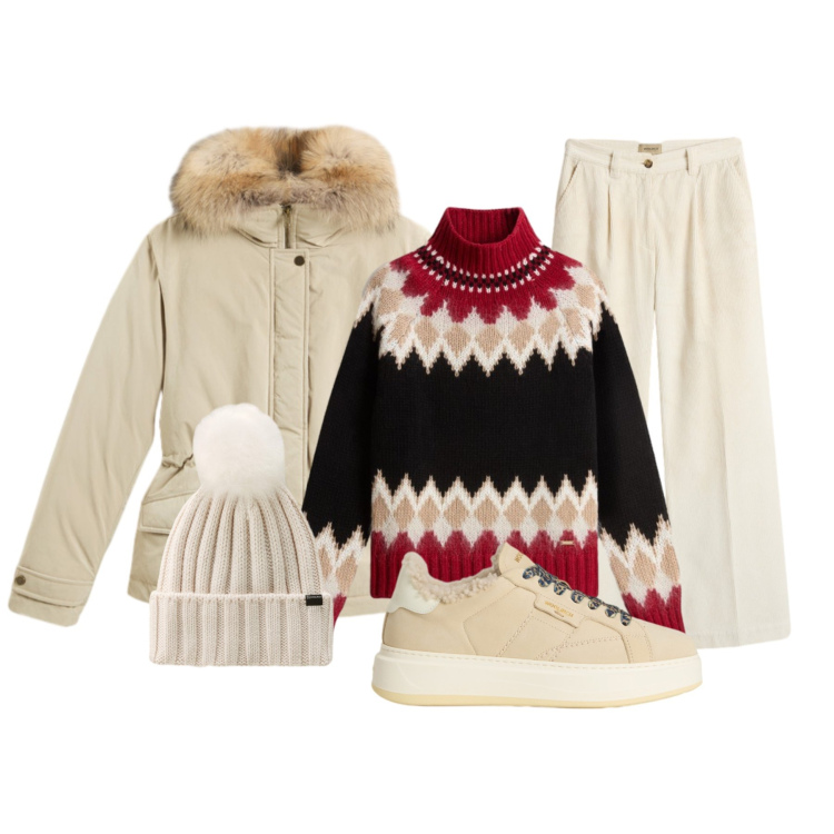 Outfit donna - In montagna con Woolrich. Stile Casual chic per Tutti i giorni. Abbinamento con blazer, pantaloni, sneakers, maglieria, berretti.