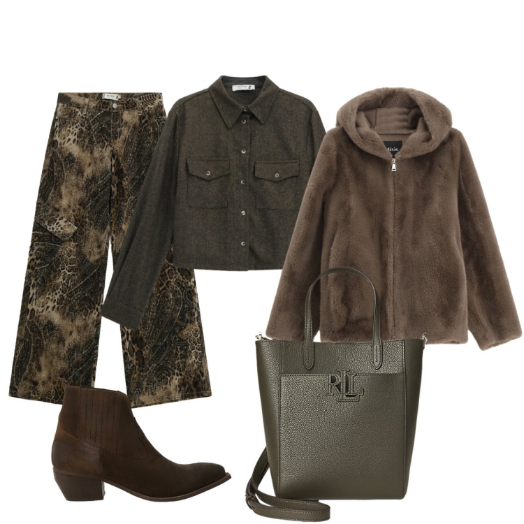 Outfit donna - Giornata di novembre. Stile Glamour per Tutti i giorni. Abbinamento con pantaloni cargo, camicie, pantaloni, stivaletti, borse tote.
