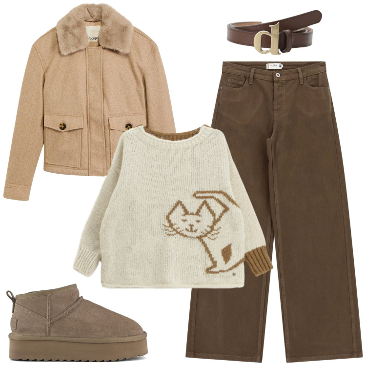 Outfit donna - Miao. Stile Casual per Tutti i giorni. Abbinamento con piumini, pantaloni a palazzo, maglieria, cinture, stivaletti.