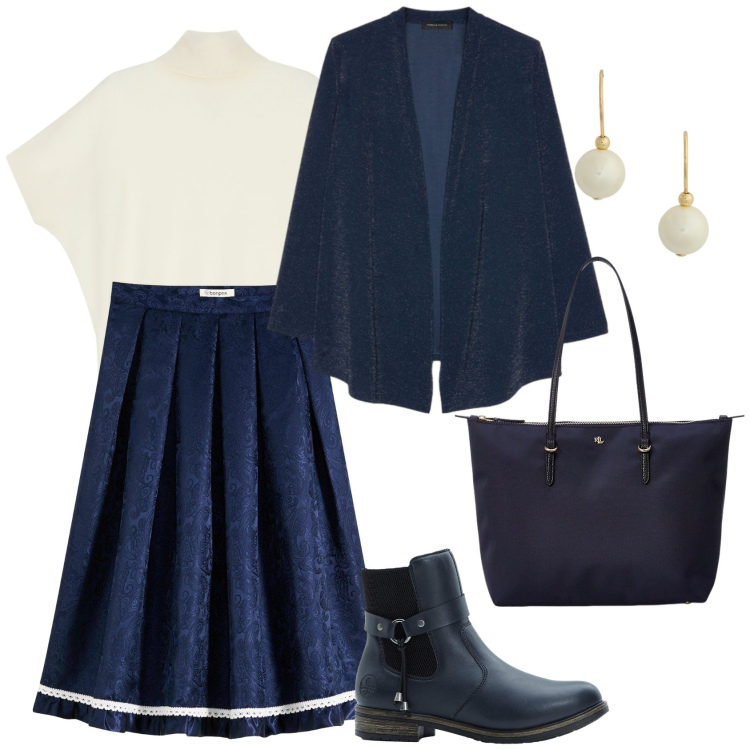 Outfit donna - A spasso sotto la pioggia. Stile Casual chic per Tutti i giorni. Abbinamento con gonne, stivaletti chelsea, maglieria, borse tote, orecchini, cardigans.