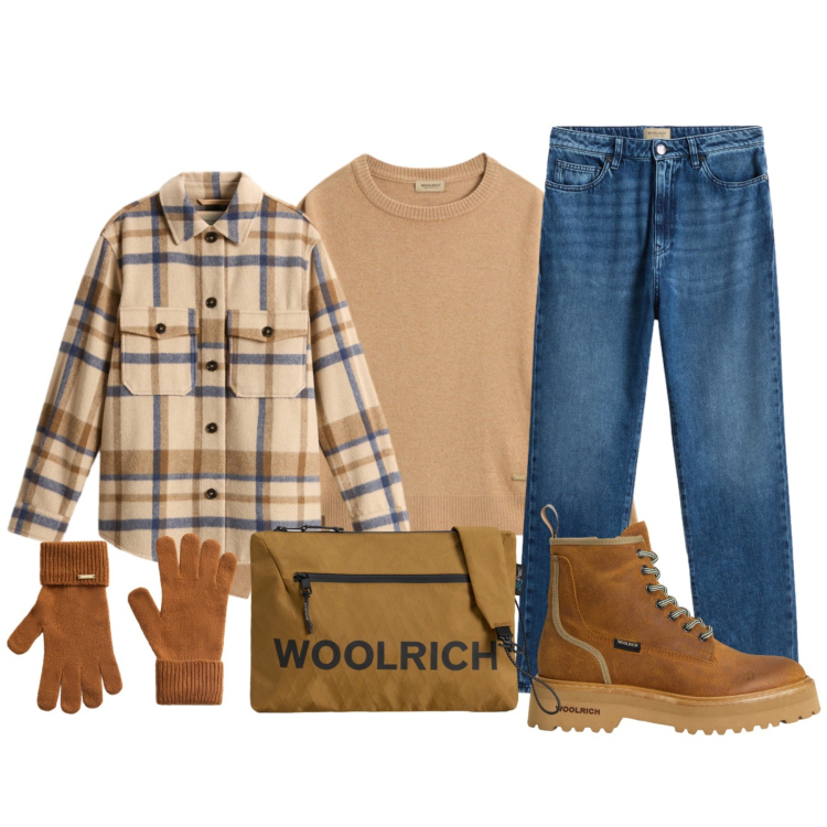 Outfit donna - Camicia giacca Woolrich. Stile Casual per Tutti i giorni. Abbinamento con borse a tracolla, guanti, anfibi, maglieria, jeans, cappotti.