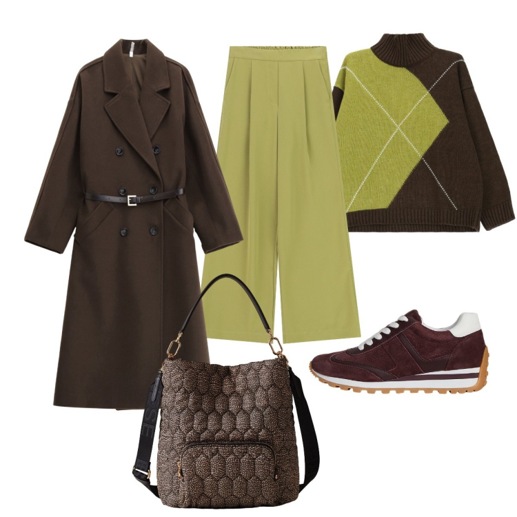 Outfit donna - Il caldo maglione. Stile Minimal per Tutti i giorni. Abbinamento con cappotti, maglieria, borse a secchiello, pantaloni a palazzo, sneakers.