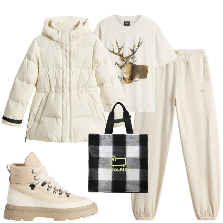 Outfit donna - Total White - black Friday. Stile Casual chic per Tutti i giorni. Abbinamento con piumini, borse tote, pantaloni, t-shirt, anfibi.