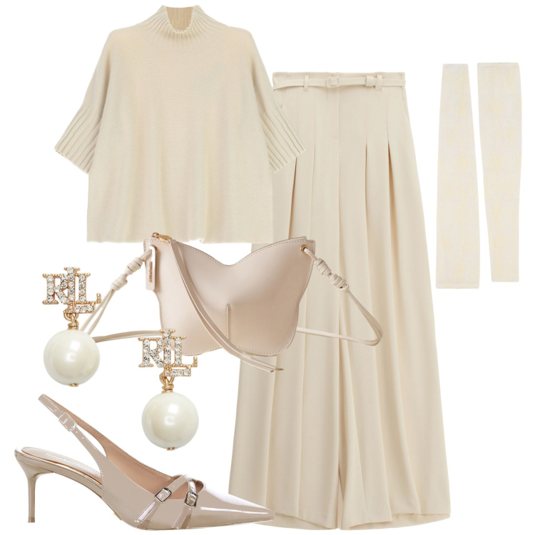 Outfit donna - Cozy e chic. Stile Chic per Tutti i giorni. Abbinamento con décolleté, pantaloni a palazzo, maglieria, guanti, borse a tracolla, orecchini.