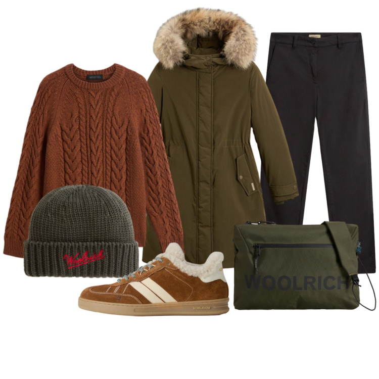Outfit donna - Woolrich dalla testa ai piedi. Stile Casual per Tutti i giorni. Abbinamento con sneakers, parka, borse a tracolla, maglieria, berretti, pantaloni.