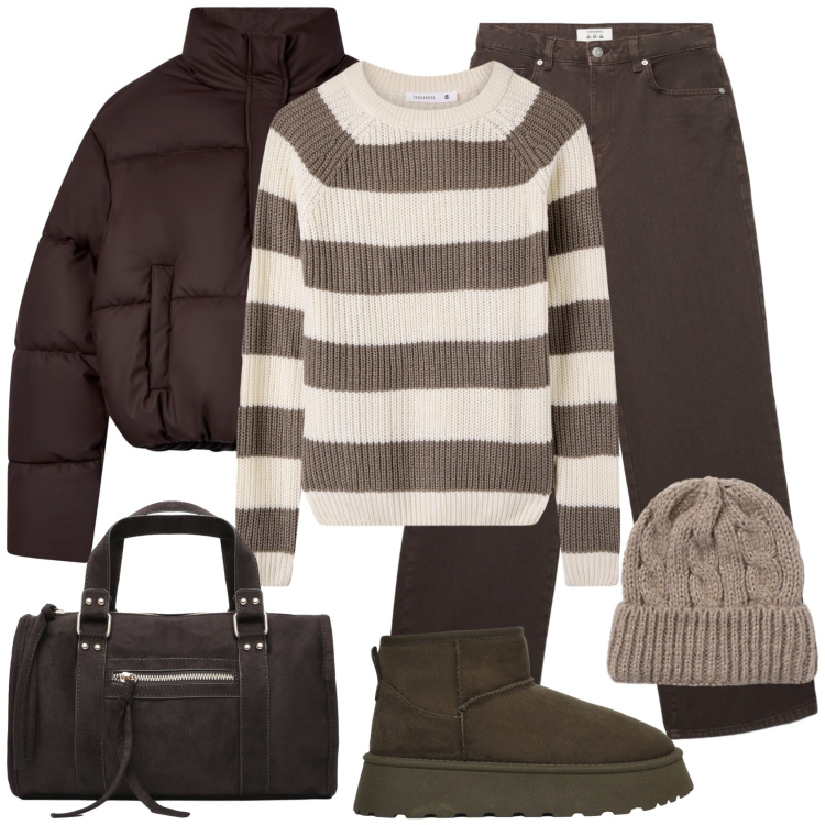 Outfit donna - Chocolat. Stile Casual per Tutti i giorni. Abbinamento con jeans, maglieria, bomber, berretti, stivali, borse a mano.