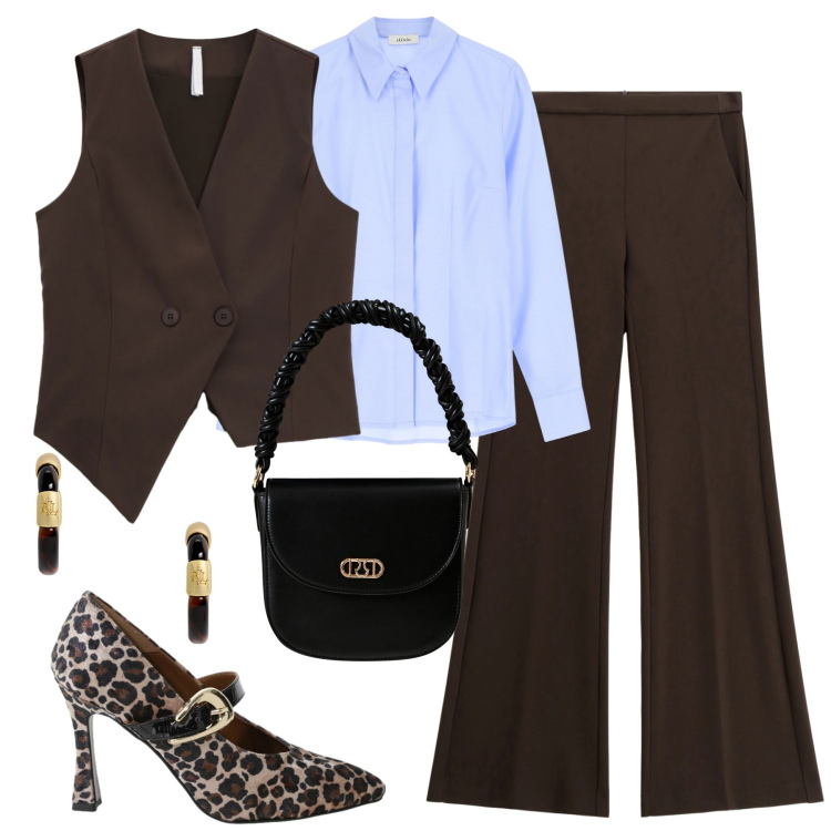 Outfit donna - City. Stile Trendy per Tutti i giorni. Abbinamento con borse a mano, pantaloni, gilet, décolleté, camicie, orecchini.