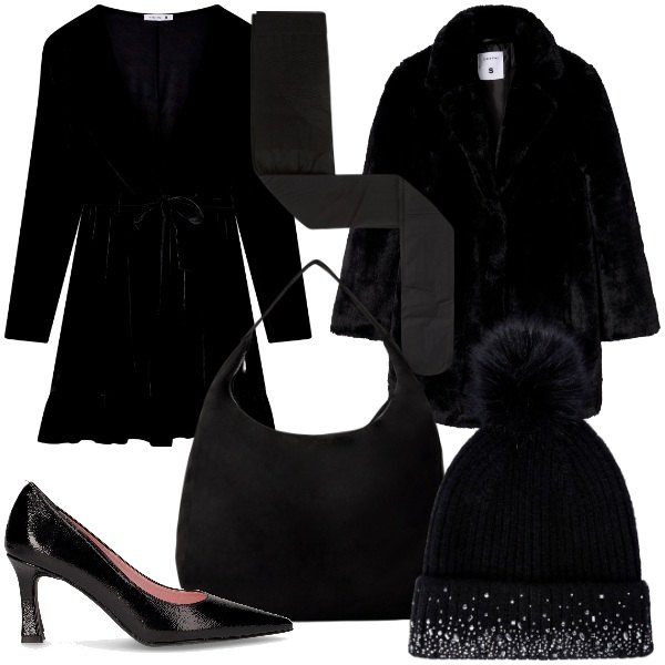 Outfit donna - Terranova Black 2025. Stile Casual chic per Serata fuori. Abbinamento con collant, borse a mano, berretti, cappotti, vestiti corti, décolleté.