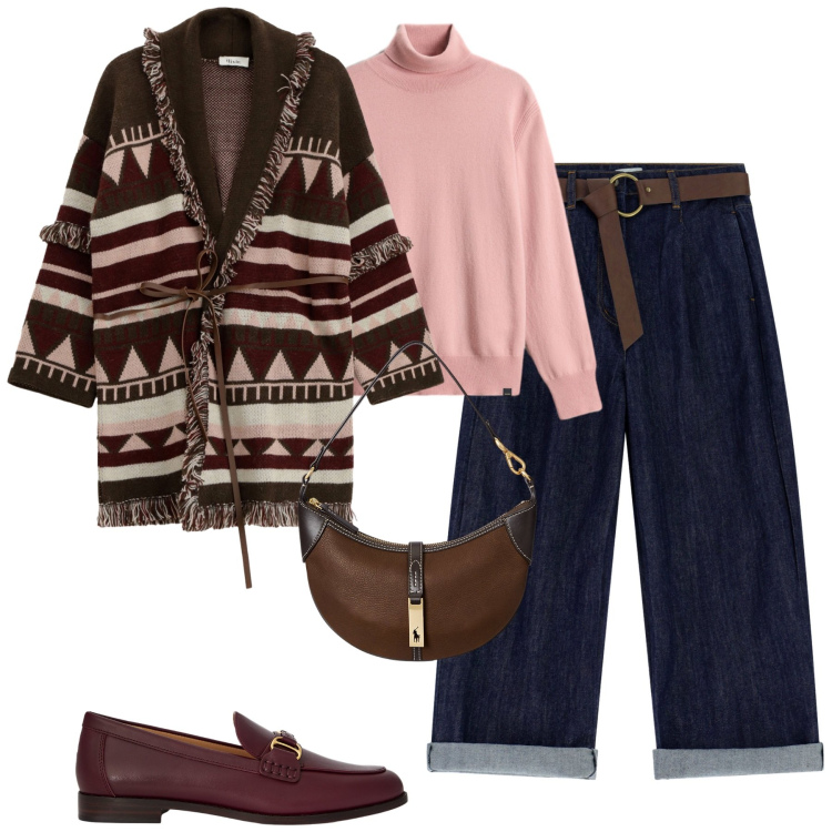 Outfit donna - Novembre. Stile Trendy per Tutti i giorni. Abbinamento con jeans, cappotti, borse a spalla, mocassini, maglieria.