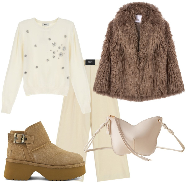 Outfit donna - Total look #2287389. Stile Trendy per Tutti i giorni. Abbinamento con ecopellicce, borse a tracolla, maglieria, pantaloni a palazzo, stivali.