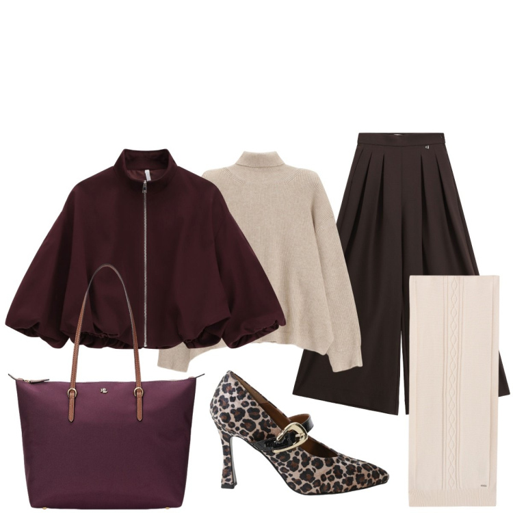 Outfit donna - Il décolleté animalier. Stile Minimal per Tutti i giorni. Abbinamento con bomber, décolleté, sciarpe, maglieria, pantaloni a palazzo, borse tote.