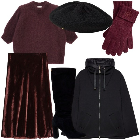 Outfit donna - Cozy & Chic 2025. Stile Glamour per Serata fuori. Abbinamento con gonne lunghe, maglieria, stivali, guanti, berretti, blazer.