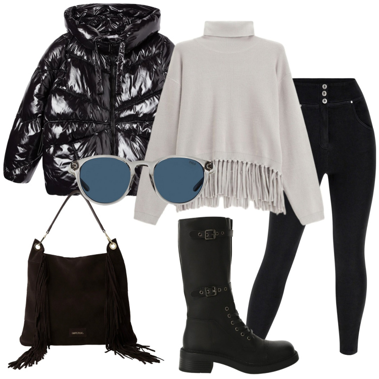 Outfit donna - Total look #2287398. Stile Casual chic per Scuola/Università. Abbinamento con maglieria, bomber, borse a spalla, stivali, pantaloni skinny, occhiali da sole.